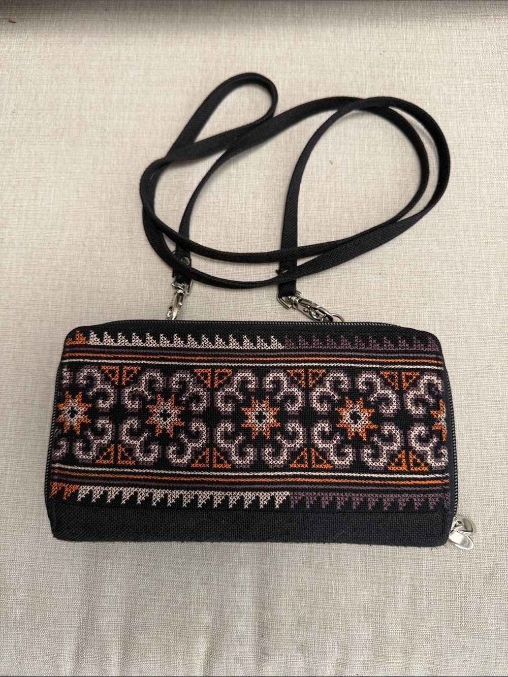 Black Embroidered Crossbody Wallet W/Removable Cloth Strap 4”x8” with 25” drop